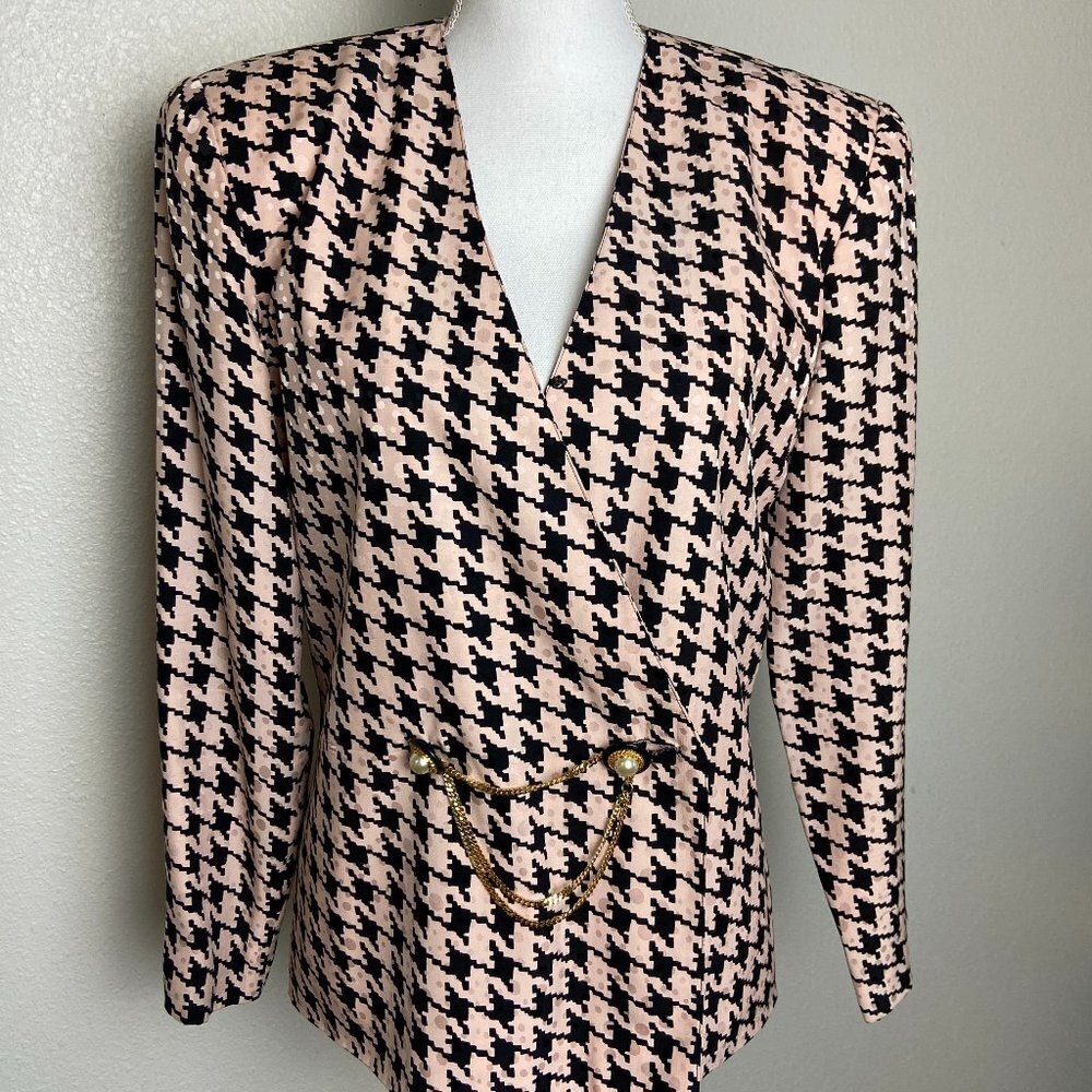 Vintage 90s Black Pink Silk Houndstooth Jacket Size 10